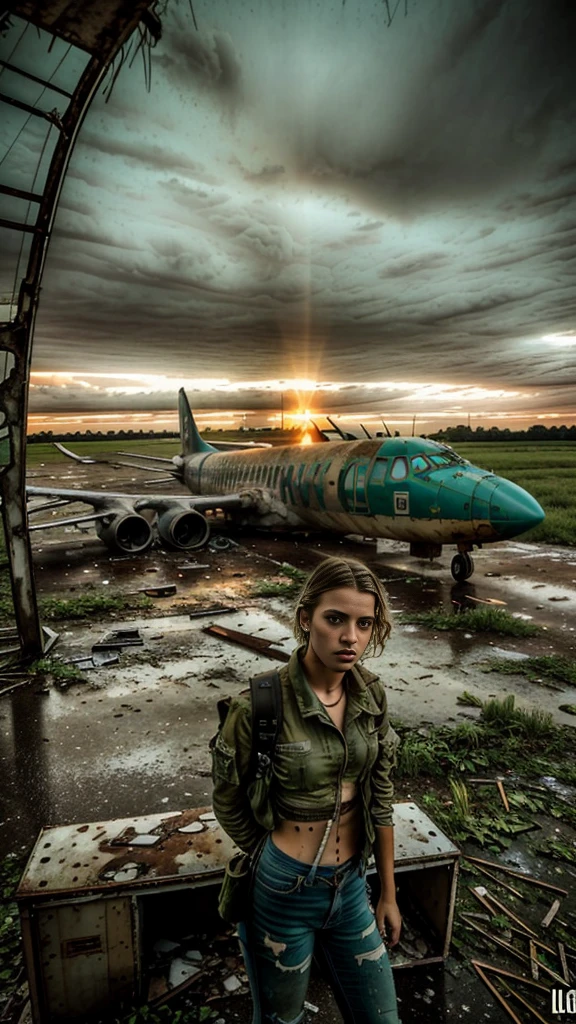 a 16 y.o. trashy girl at abandoned airport, derelict airplane, overgrown nature, ruins, crumbling architecture, atmospheric lighting, cinematic composition, moody tones, realistic, photorealistic, 8k, best quality, highly detailed, masterpiece, cinematic lighting, dramatic shadows, gritty, weathered, dystopian, sci-fi, post-apocalyptic