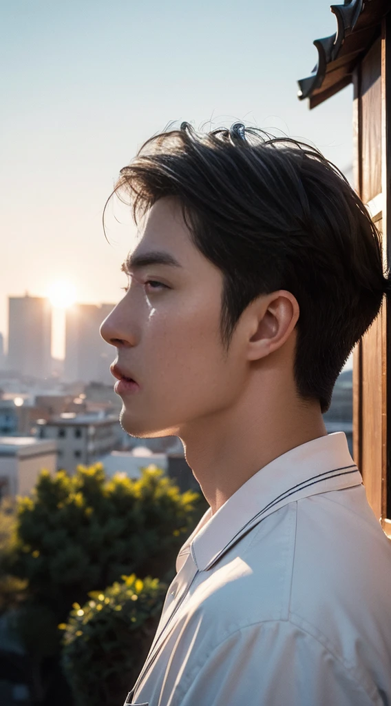 (realistically, Masterpiece, High resolution 8K, good light quality, Portrait, closed on face, complicated details), Handsome Korean Uncle, Beard,Age 40, Staring at desire, detailed face, Detailed eyes, look at the sky, shirt, suit lac suit,tick,黑Eyes, (Pale skin), body standards,brown hair, smooth hair,Big Back, Outdoor activities, evening, sunset,office room, Exaggerated, impersonal