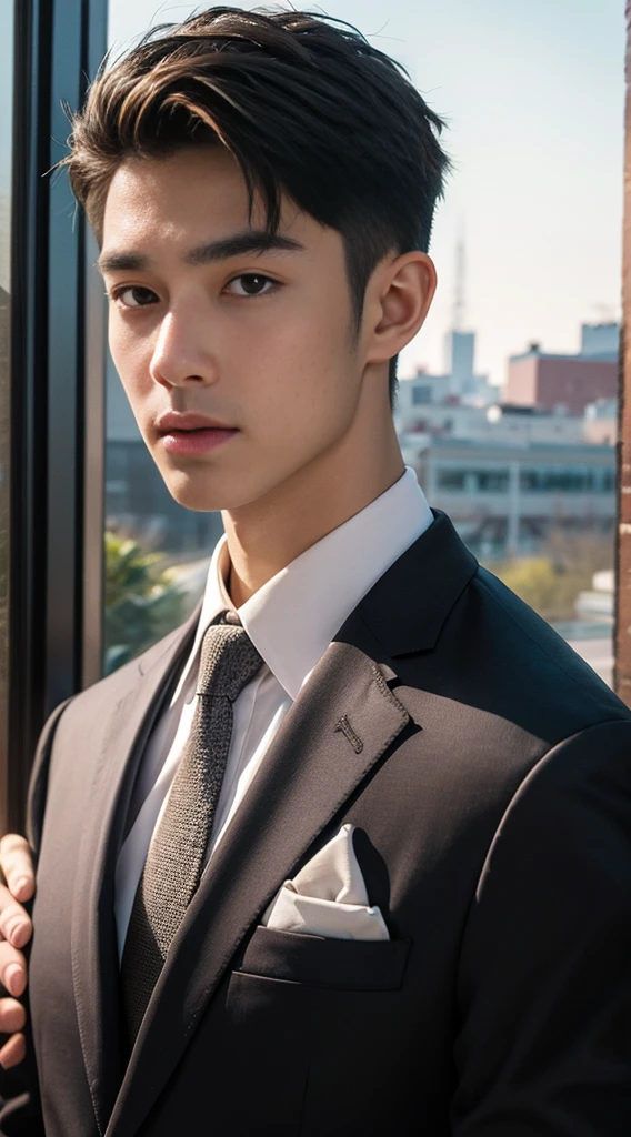 (realistically, Masterpiece, High resolution 8K, good light quality, Portrait, closed on face, complicated details), Handsome Korean Uncle, Beard，Age 40, Staring at desire, detailed face, Detailed eyes, look at the sky, shirt, suit lac suit，tick,黑Eyes, (Pale skin), body standards,brown hair, smooth hair,Big Back， Outdoor activities, evening, sunset,office room, Exaggerated, impersonal