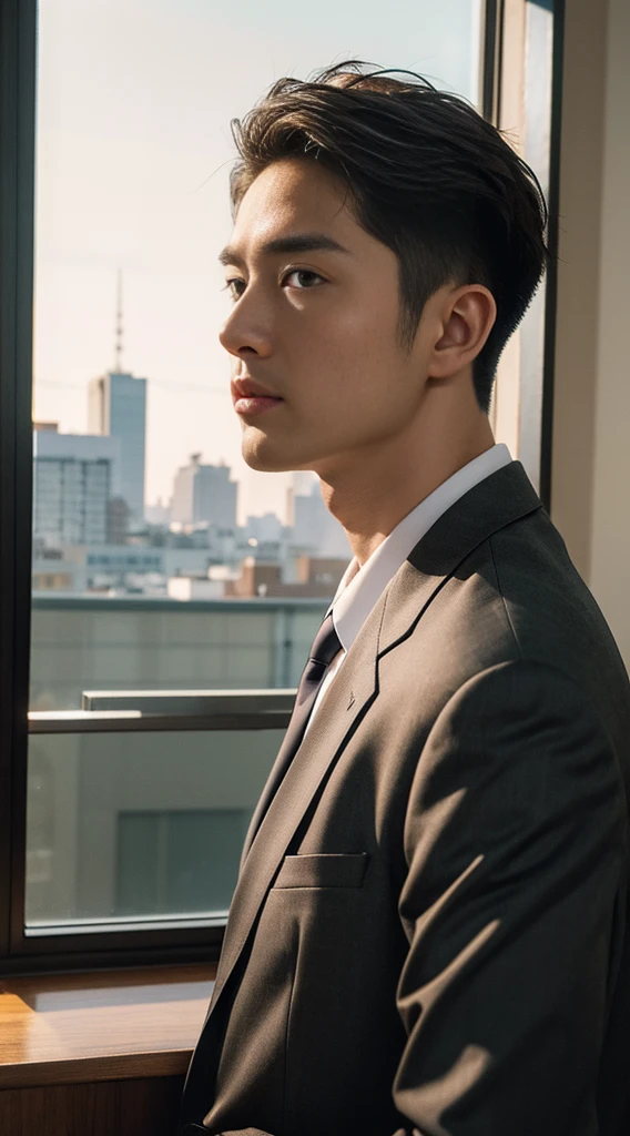 (realistically, Masterpiece, High resolution 8K, good light quality, Portrait, closed on face, complicated details), Handsome Korean Uncle, Beard,Age 40, Staring at desire, detailed face, Detailed eyes, look at the sky, shirt, suit lac suit,tick,黑Eyes, (Pale skin), body standards,brown hair, smooth hair,Big Back, Outdoor activities, evening, sunset,office room, Exaggerated, impersonal