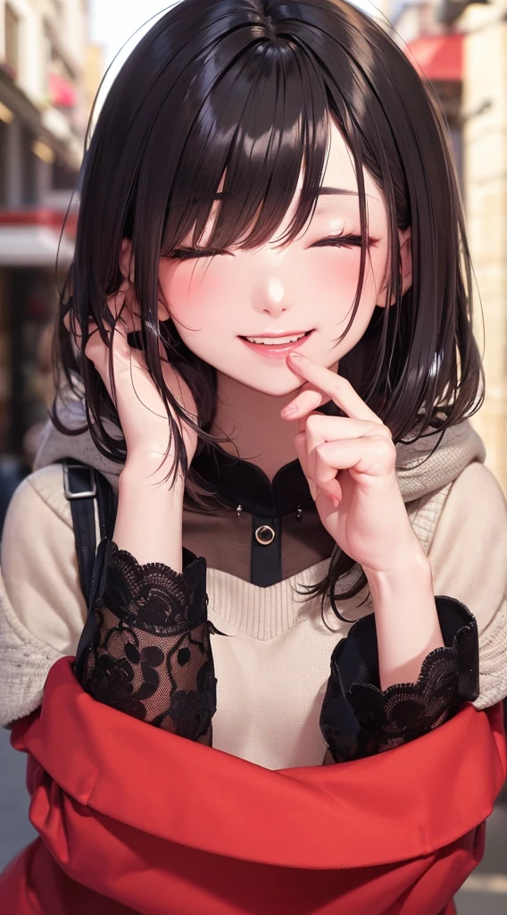 Highly detailed face, ((Drop your eyes)), pretty girl, Vibrant colors, Soft natural light, Bokeh effect. Winter clothing, Perfect Makeup, Professional photography, Street Snapshots, Vibrant colors, (smile, Laughter), 