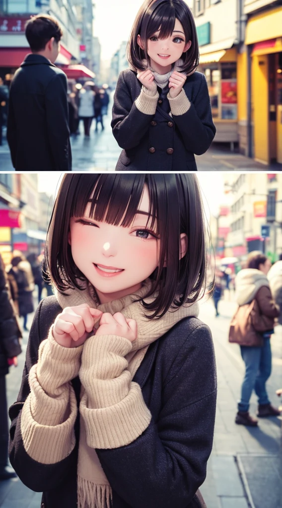 Highly detailed face, ((Drop your eyes)), pretty girl, Vibrant colors, Soft natural light, Bokeh effect. Winter clothing, Perfect Makeup, Professional photography, Street Snapshots, Vibrant colors, (smile, Laughter),