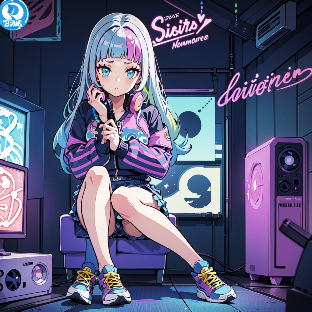 (masterpiece), Highest quality, Expressive eyes, Neon pastel aesthetics, Retro 90s, Neon color,((Girl sitting on sofa,In a cozy room,Records hanging on her wall, Comic books on the floor, Looking out the window behind her at the night city, Upholstered room, Anime figures lined up on a shelf)), Wearing headphones, (All around her it sparkles), (wearing thick colorful sneakers), (blue eyes), (Soft look), (Synthwave Art Style), Colorful Hair, Desk with PC set up