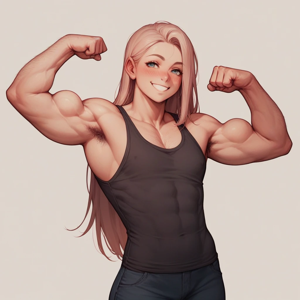 cute woman, skinny, muscular, feminine face, long hair, very detailed, smile, proud, blushing, flexing biceps, tight tank top, pec cleveage, hairy arms