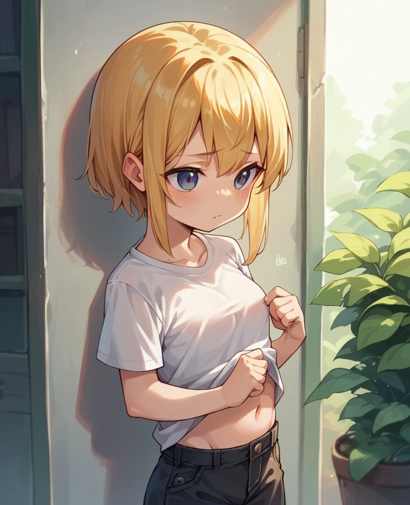 A girl with golden hair and short height and breasts are E-cup oppai