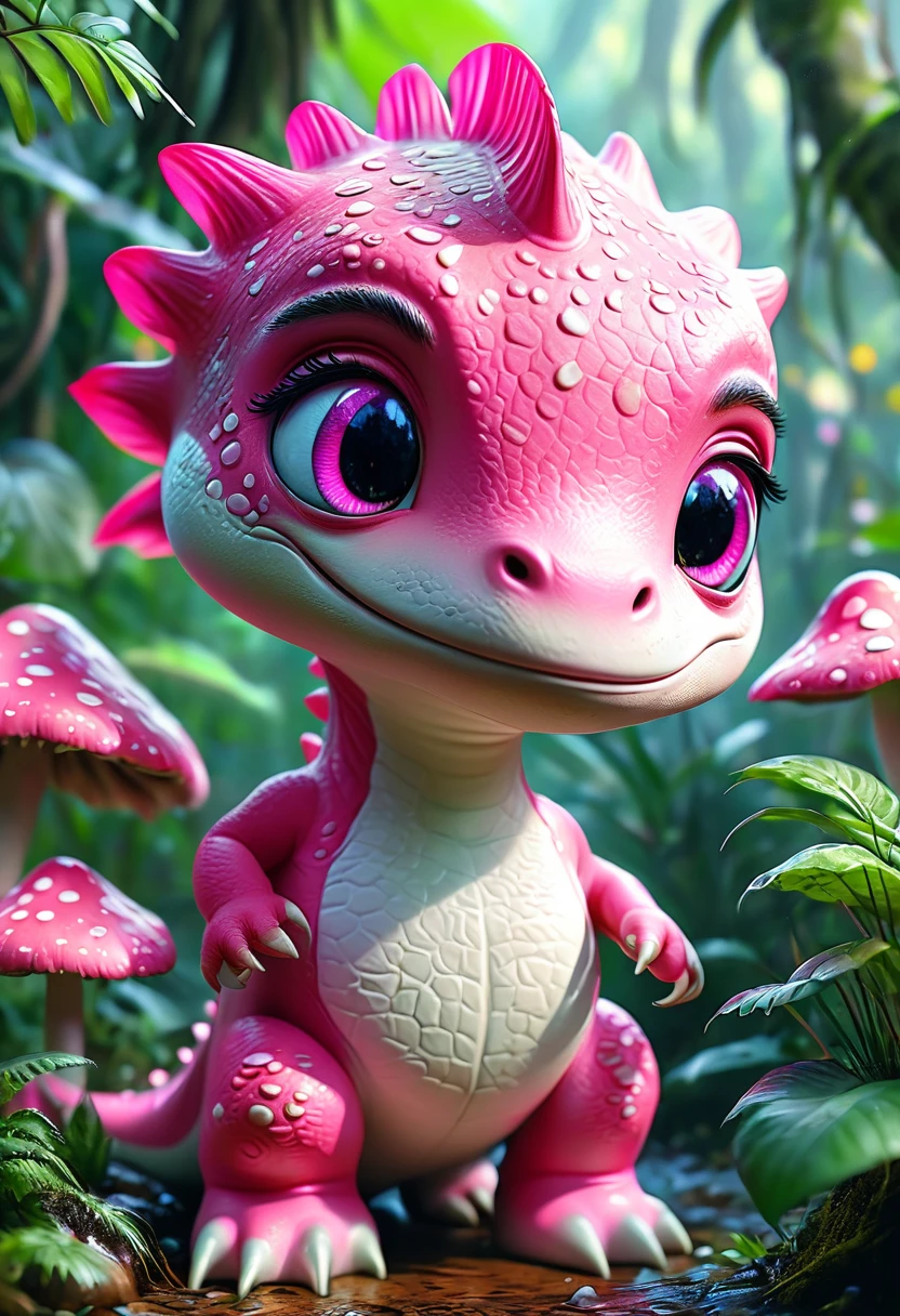 (2 cute pink little Tyrannosaurus Rex), Beautiful and delicate pink eyes, Long eyelashes,Beautiful and delicate face, Extremely detailed eyes and face, Cute expression, Dense jungle background, Strange mushrooms,Dreamy, Fantastic, watercolor, number, (best quality,4K,8K,high resolution,masterpiece:1.2),Extremely detailed,(Practical,photoPractical,photo-Practical:1.37),Vibrant colors,Soft lighting