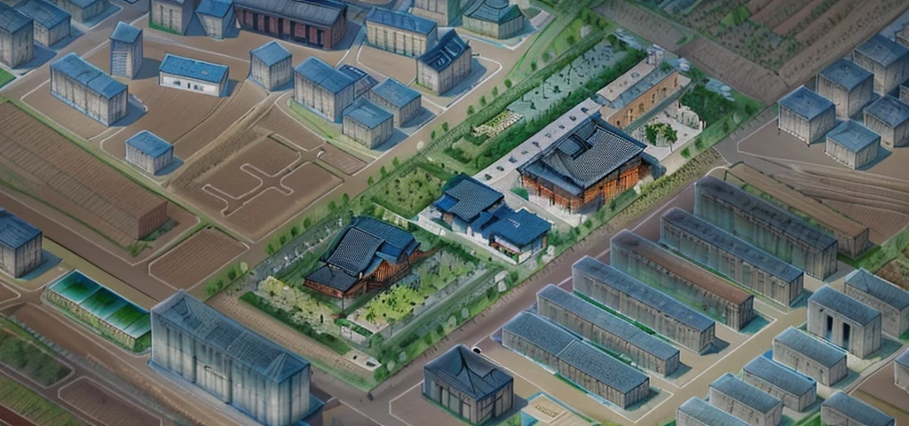 City aerial view,Highest quality,Chinese Ink Painting,antiquity,Rural buildings between mountains and rivers,Glass facades,Clean glass,Trees,Decorative Arts,Sloped roof,Best quality,Architectural Photography,Photorealism,Hyperrealism,Ultra Detailed,V-ray,(architectural design)
