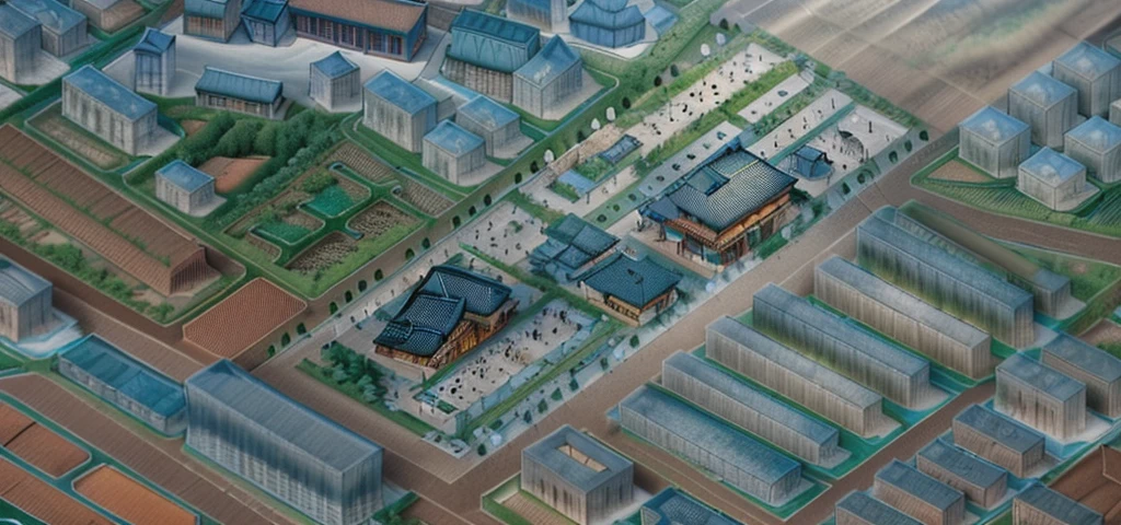 City aerial view,Highest quality,Chinese Ink Painting,antiquity,Rural buildings between mountains and rivers,Glass facades,Clean glass,Trees,Decorative Arts,Sloped roof,Best quality,Architectural Photography,Photorealism,Hyperrealism,Ultra Detailed,V-ray,(architectural design)