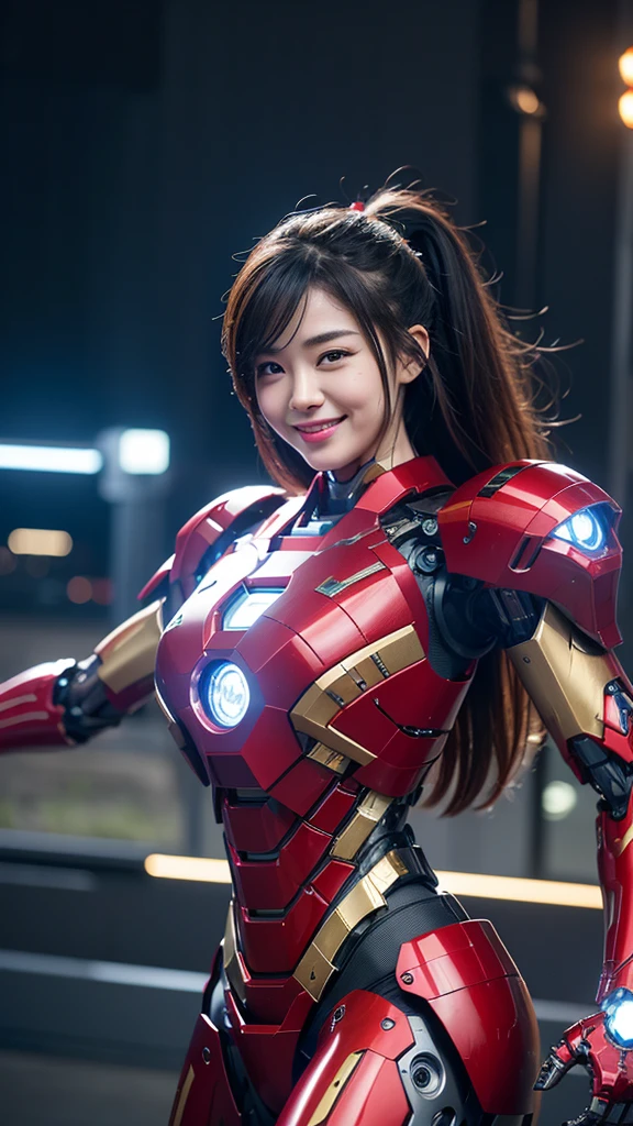 Textured skin, Super Detail, high details, High quality, Best Quality, hight resolution, 1080p, hard disk, Beautiful,(Iron Girl),Beautiful Smile,beautiful cyborg woman,Mecha Cyborg Girl,Battle Mode,Girl with a Mecha Body,She wears an Iron Man mech,A powerful cyborg woman, sleek and futuristic, with advanced mechanical augmentations that enhance her strength and capabilities