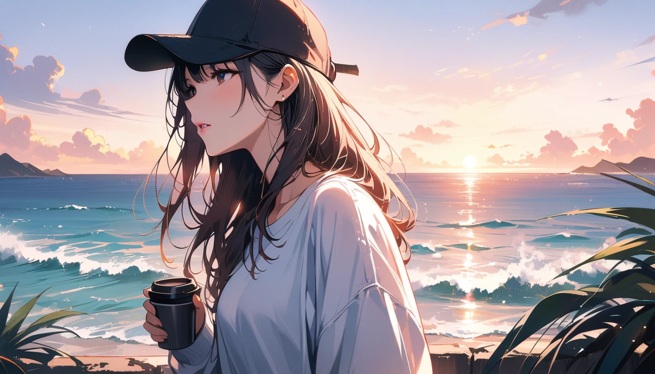 (masterpiece, Highest quality:1.2), 1 Girl, alone,Eyes open,Have a coffee,Tropical atmosphere,Ocean