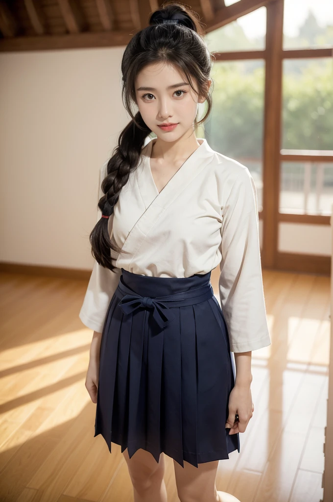 (((best quality))),(((ultra detailed))),(((masterpiece))),illustration,1girl,solo,short ponytail,slim,thin,small breasts,flat chest,white collar,white kendogi,three-quarter sleeves,maxi navy-blue kendo hakama,standing in kendodo gym,arms behind back,focused and determined expression,ready for challenge,slender and elegant face,confident and resilient,fair skin,blush,neat teeth,bright smile,clean and tidy uniform,wooden gym floor,wall,pine scent,standard grip,ready to slice through obstacles,strong belief,determination,spirit of resilience,admiring,from front,full body,bare feet