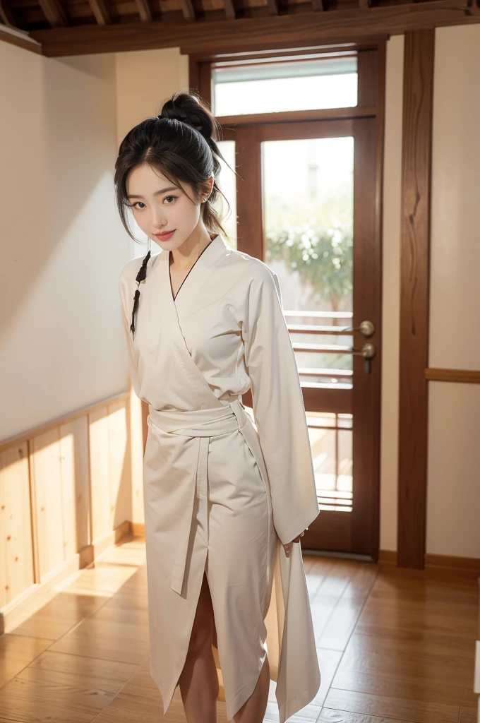 (((best quality))),(((ultra detailed))),(((masterpiece))),illustration,1girl,solo,short ponytail,slim,thin,small breasts,flat chest,white collar,white kendogi,three-quarter sleeves,maxi navy-blue kendo hakama,standing in kendodo gym,arms behind back,focused and determined expression,ready for challenge,slender and elegant face,confident and resilient,fair skin,blush,neat teeth,bright smile,clean and tidy uniform,wooden gym floor,wall,pine scent,standard grip,ready to slice through obstacles,strong belief,determination,spirit of resilience,admiring,from front,full body,bare feet