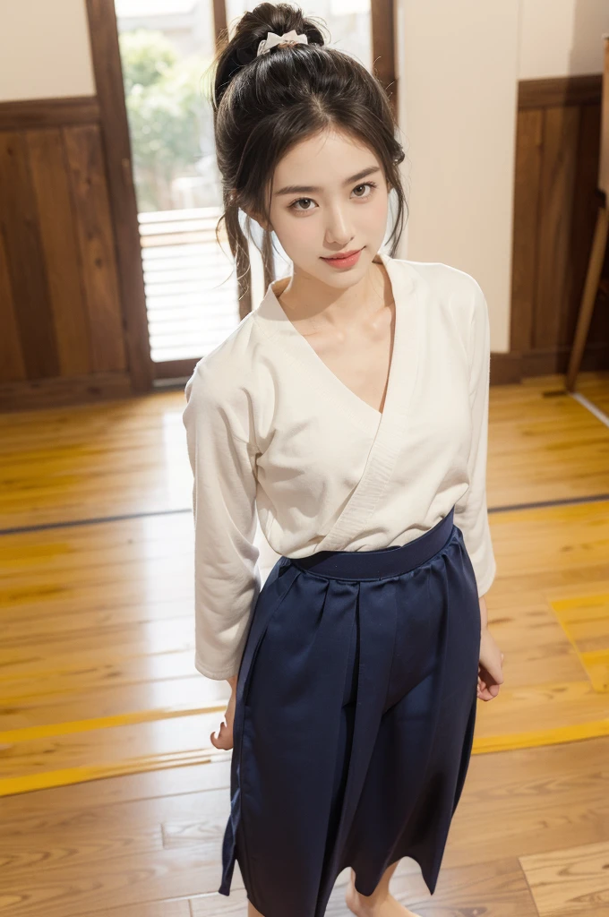 (((best quality))),(((ultra detailed))),(((masterpiece))),illustration,1girl,solo,short ponytail,slim,thin,small breasts,flat chest,white collar,white kendogi,three-quarter sleeves,maxi navy-blue kendo hakama,standing in kendodo gym,arms behind back,focused and determined expression,ready for challenge,slender and elegant face,confident and resilient,fair skin,blush,neat teeth,bright smile,clean and tidy uniform,wooden gym floor,wall,pine scent,standard grip,ready to slice through obstacles,strong belief,determination,spirit of resilience,admiring,from front,full body,bare feet