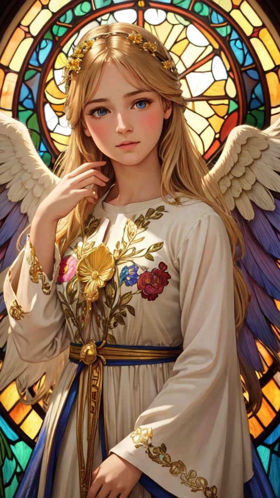 realistic,photorealistic,photo-realistic:1.37,best quality,4k,8k,highres,masterpiece:1.2,ultra-detailed,vibrant colors,stained glass,beautiful vintage angel woman,frontal face,front face,front view,gold hair,determined expression,(large open angel wings:1.1),Alphonse Mucha style,intricate floral background,warm tones,soft lighting,1girl