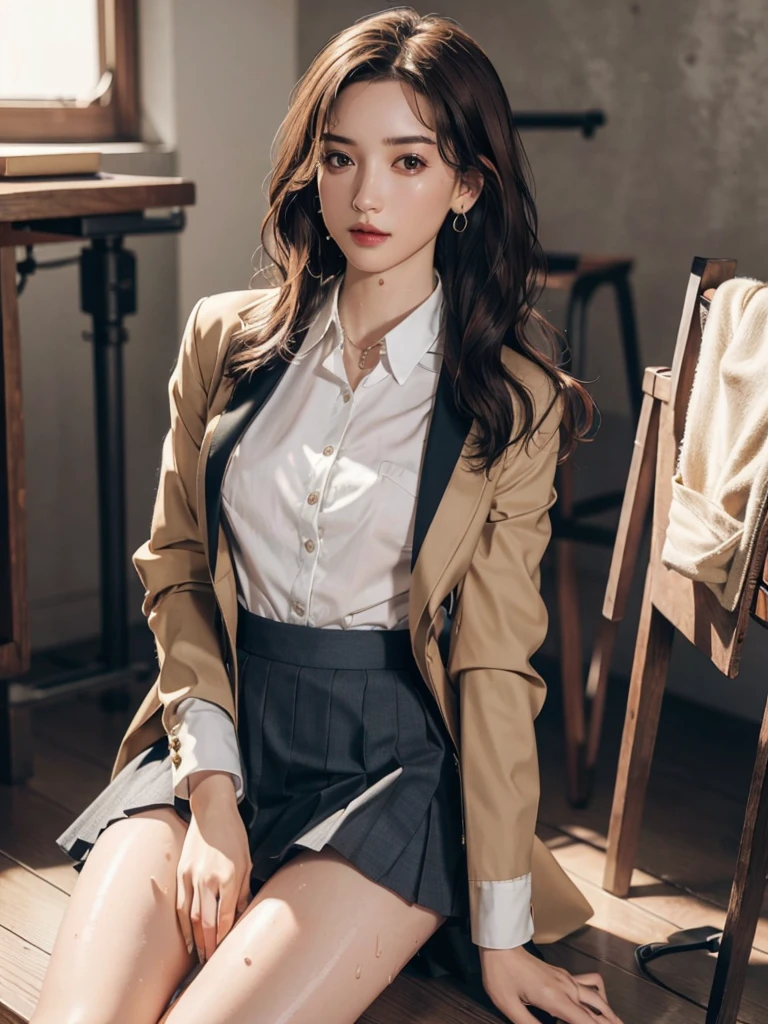 absurdres, RAW photo, extremely delicate and beautiful, masterpiece, Best Quality, ultra high resolution, 16k, hyperrealistic, ultra-detailed, perfect anatomy, super Detailed skin, perfect figure, Very detailed CG 8k wallpaper, in her 20s, very Slim body, narrow waist, very small head, very small face, delicate facial features, tearful mole, earring, thin legs, (very huge round breasts), full body shot, short hair, (wavy hair), (light brown hair), (wet clothes), ((school uniform)), (blazer),