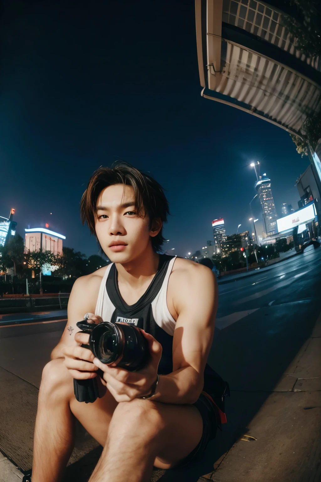 asian man sitting on the ground in front of a building, wideangle portrait, wide angle dynamic portrait, extreemly detail, anime style mixed with fujifilm, wide - angle portrait, fisheye portrait, night fision, sitting in monas jakarta,(( holding a nicon camera )),(( holding a camera )),(( holding a nicon camera )),(( holding a nicon camera )),(( nicon camera in hand )), indonesian streetwear, in the streets of jakarta, portrait of a indonesia teen, wearing indonesian techwear, wide angle + masterpiece, jakarta looks like jungkook with a beautiful short mullet hair, tatoo