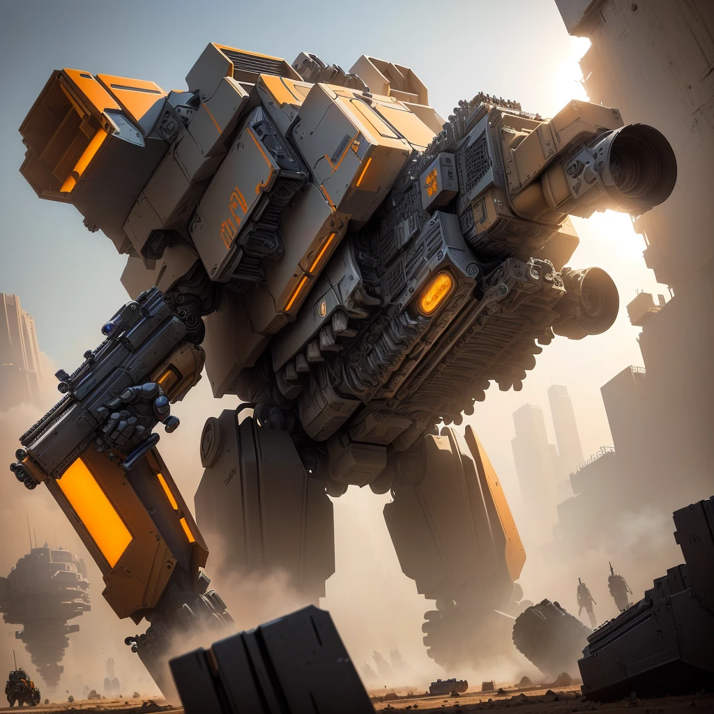A colossal mechanized robot, its colossal body sprawled on the ground as it takes aim with an oversized flat orange sniper rifle at a distant target. This incredibly detailed image captures the intricate machinery of the mech, showcasing every intricate gear and piston. The scene is depicted in a painting with vivid colors and stunning realism. The sniper rifle gleams with a metallic sheen, contrasting sharply against the dusty background. The craftsmanship of the artist is evident in the fine details of the robot's armor plating and the intricacies of the weapon. The overall effect is a mesmerizing blend of science fiction and precision artistry.