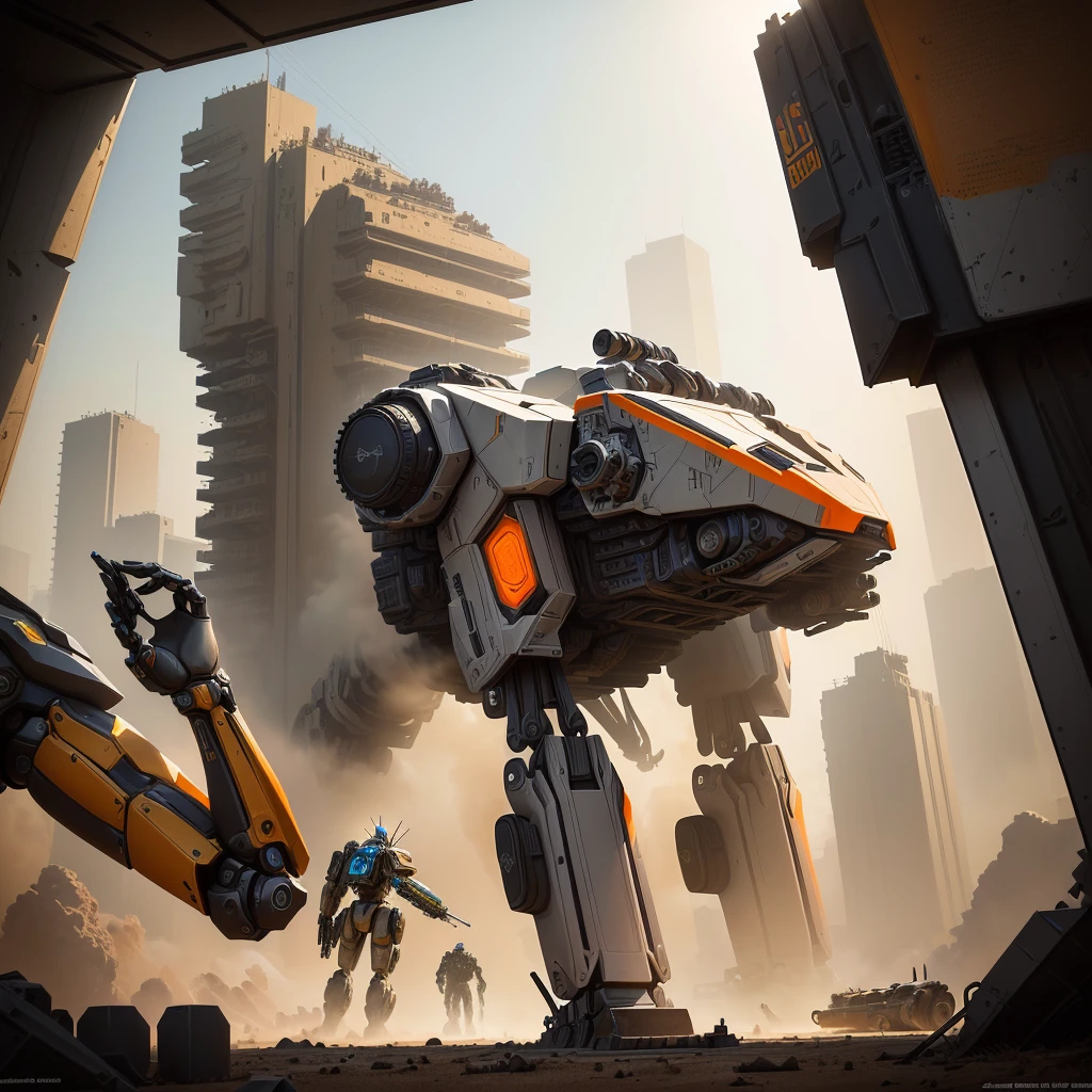 A colossal mechanized robot, its colossal body sprawled on the ground as it takes aim with an oversized flat orange sniper rifle at a distant target. This incredibly detailed image captures the intricate machinery of the mech, showcasing every intricate gear and piston. The scene is depicted in a painting with vivid colors and stunning realism. The sniper rifle gleams with a metallic sheen, contrasting sharply against the dusty background. The craftsmanship of the artist is evident in the fine details of the robot's armor plating and the intricacies of the weapon. The overall effect is a mesmerizing blend of science fiction and precision artistry.