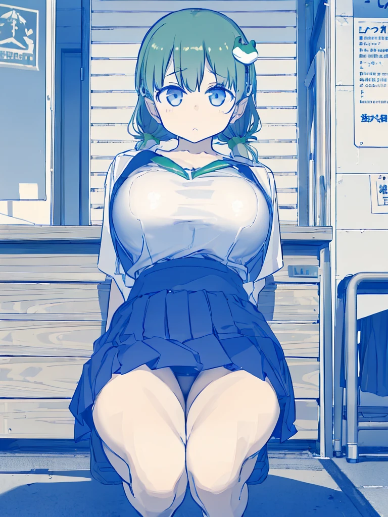 ((huge_breasts)),1girl,kochiya sanae,green hair,blue eyes,frog hairornament,Crouch、Knees closed、Panty shot、high school girl、Posture