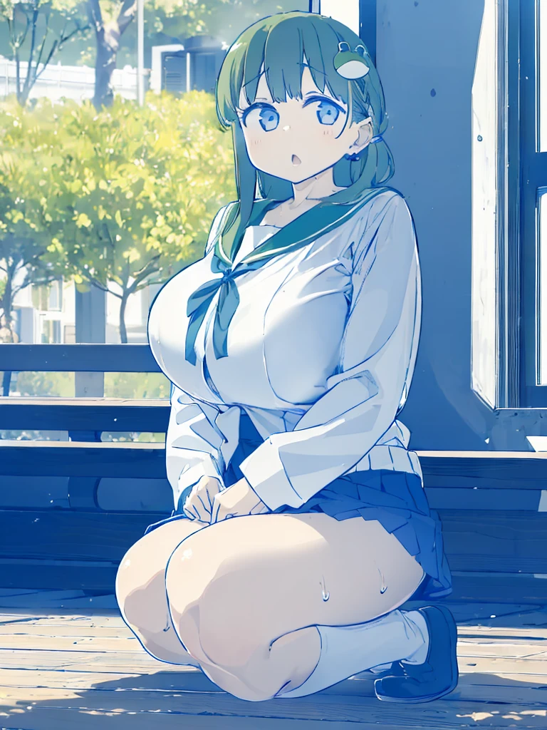 ((huge_breasts)),1girl,kochiya sanae,green hair,blue eyes,frog hairornament,Crouch、Knees closed、Panty shot、high school girl、Posture