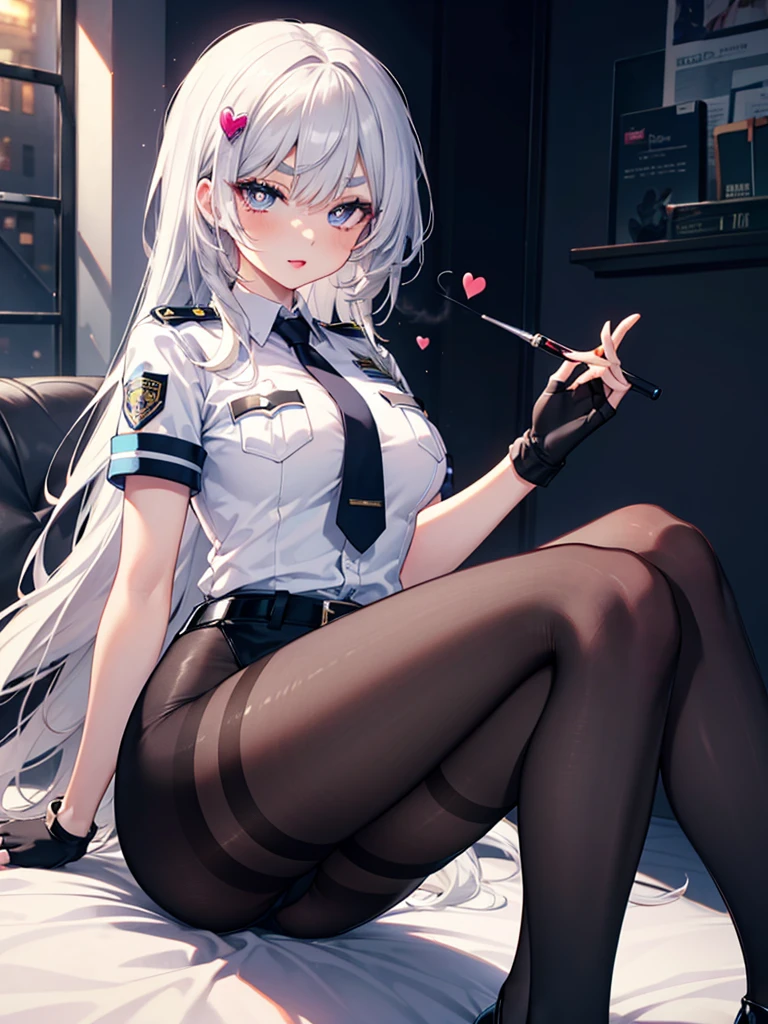mature_female,silver hair,lipstick,eyeshadow,long_eyelashes,thick eyebrows,ahegao,jitome,heart-shaped_pupils,black_pantyhose,fingerless_gloves,police_uniform,long hair,