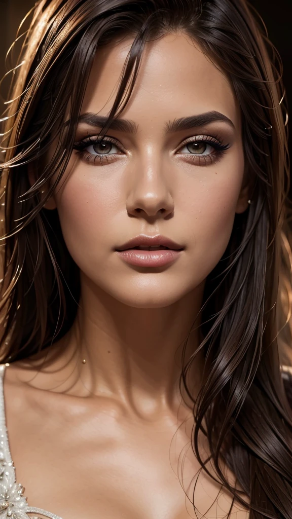 a beautiful woman, realistic portrait, detailed eyes, long eyelashes, full lips, flawless skin, volumized dark brown hair, realistic skin texture, dramatic lighting, cinematic composition, photorealistic, 8k, high resolution, intricate detail, masterpiece