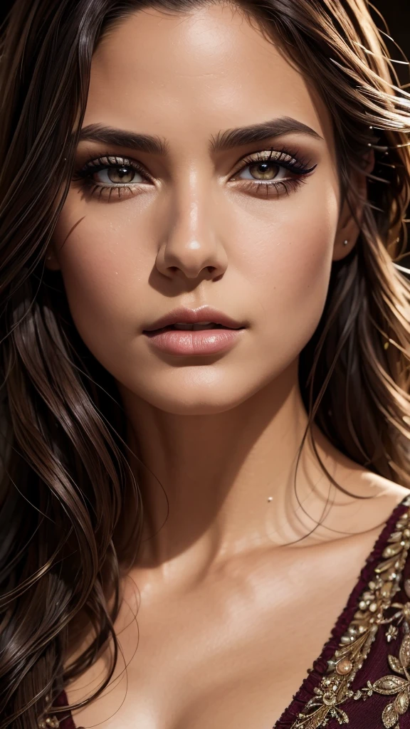 a beautiful woman, realistic portrait, detailed eyes, long eyelashes, full lips, flawless skin, volumized dark brown hair, realistic skin texture, dramatic lighting, cinematic composition, photorealistic, 8k, high resolution, intricate detail, masterpiece