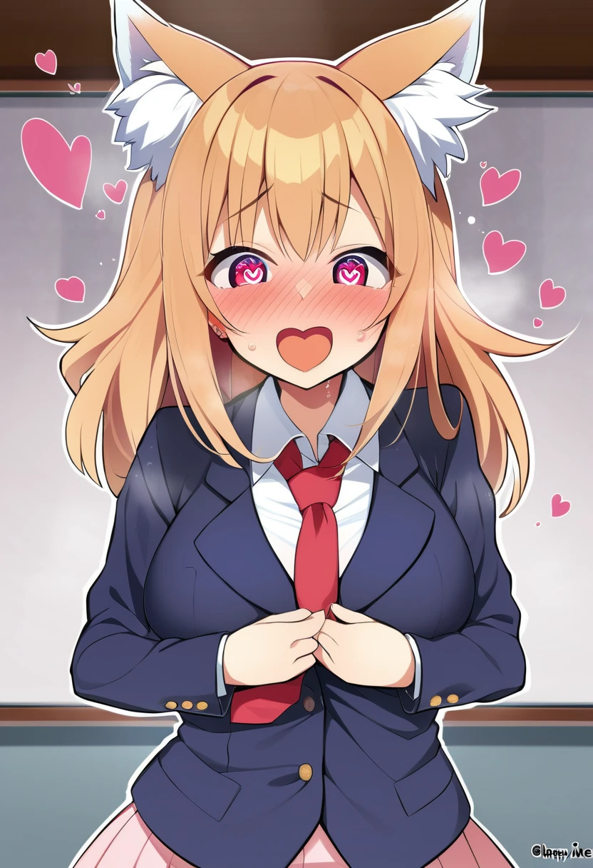 one girl, naive, school blazer, my classmate, beauty, necktie, heart eyes, beauty, hypnosis, aphrodisiac, happy, wolf ears, blush,  ecstatic, love me, girl is charmed by me