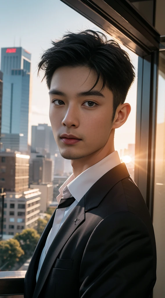 (realistically, Masterpiece, High resolution 8K, good light quality, Portrait, closed on face, complicated details), Handsome Korean Uncle, Beard,Age 40, Staring at desire, detailed face, Detailed eyes, look at the sky, shirt, suit lac suit,tick,黑Eyes, (Pale skin), body standards,brown hair, smooth hair,Big Back, Outdoor activities, evening, sunset,office room, Exaggerated, impersonal