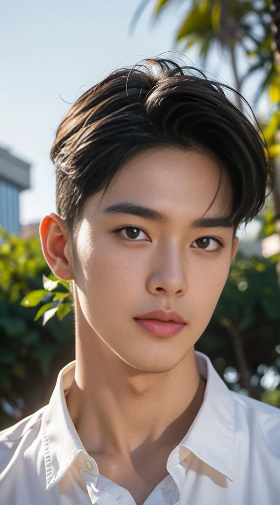(realistically, Masterpiece, High resolution 8K, good light quality, Portrait, closed on face, complicated details), Handsome Korean Uncle, Beard，Age 40, Staring at desire, detailed face, Detailed eyes, look at the sky, shirt, suit lac suit，tick,黑Eyes, (Pale skin), body standards,brown hair, smooth hair,Big Back， Outdoor activities, evening, sunset,office room, Exaggerated, impersonal