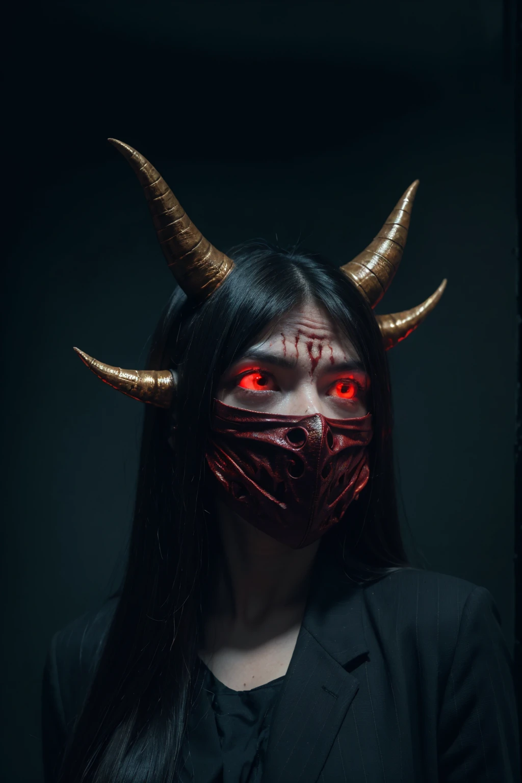 a terrifying demon with ghastly horns, a mysterious and unsettling otherworldly environment, a person wearing a strange mask, cinematic lighting, dark moody colors, photorealistic, 8k, high quality, masterpiece, (best quality,4k,8k,highres,masterpiece:1.2),ultra-detailed,(realistic,photorealistic,photo-realistic:1.37),dark fantasy,horror,surreal,dramatic lighting,moody colors