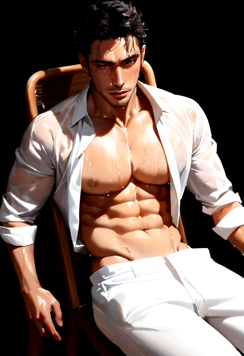 Wet Sexy asian man, male in a wet white shirt and tan pants sitting on a chair, big chest, handsome man, handsome guy, handsome stunning realistic, portrait of a handsome man, clothed in wet white shirt, sweat, (best quality)), ((masterpiece)), (detailed)