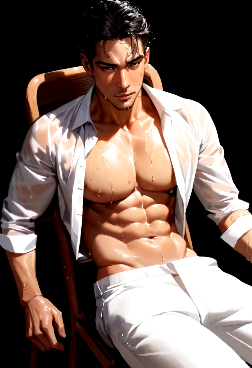 Wet Sexy asian man, male in a wet white shirt and tan pants sitting on a chair, big chest, handsome man, handsome guy, handsome stunning realistic, portrait of a handsome man, clothed in wet white shirt, sweat, (best quality)), ((masterpiece)), (detailed)