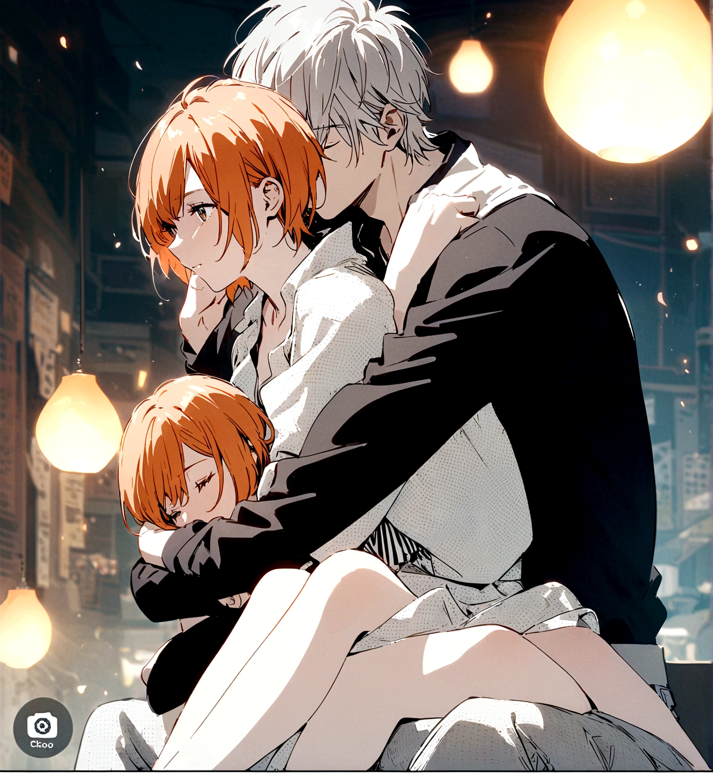 A handsome orange hair boy, hugging a beautiful short haired girl with white hair