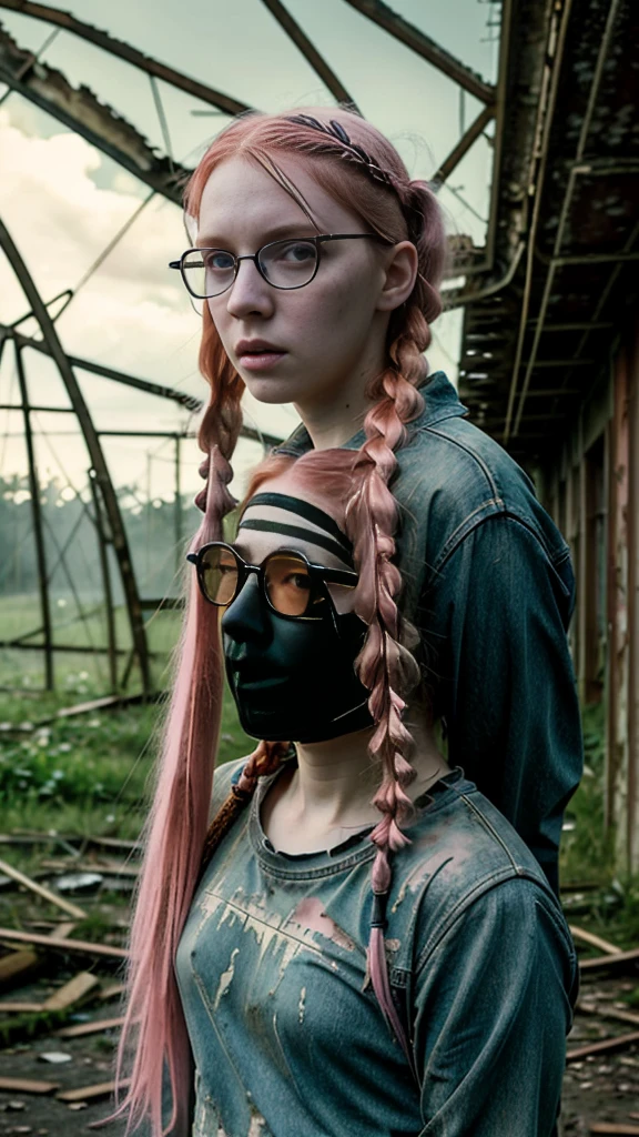 a 16 y.o. trashy girl, ginger girl, very pale skin , very bulging eyes, very big round black glasses, very thin girl, backlighting, party outfit,(pink hairpins in her hair) and two pigtails, at abandoned airport, derelict airplane, overgrown nature, ruins, crumbling architecture, atmospheric lighting, cinematic composition, moody tones, realistic, photorealistic, 8k, best quality, highly detailed, masterpiece, cinematic lighting, dramatic shadows, gritty, weathered, dystopian, sci-fi, post-apocalyptic