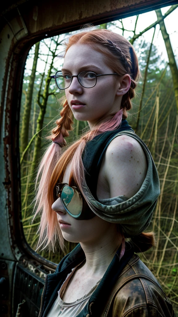 a 16 y.o. trashy girl, ginger girl, very pale skin , very bulging eyes, very big round black glasses, very thin girl, backlighting, party outfit,(pink hairpins in her hair) and two pigtails, at abandoned airport, derelict airplane, overgrown nature, ruins, crumbling architecture, atmospheric lighting, cinematic composition, moody tones, realistic, photorealistic, 8k, best quality, highly detailed, masterpiece, cinematic lighting, dramatic shadows, gritty, weathered, dystopian, sci-fi, post-apocalyptic
