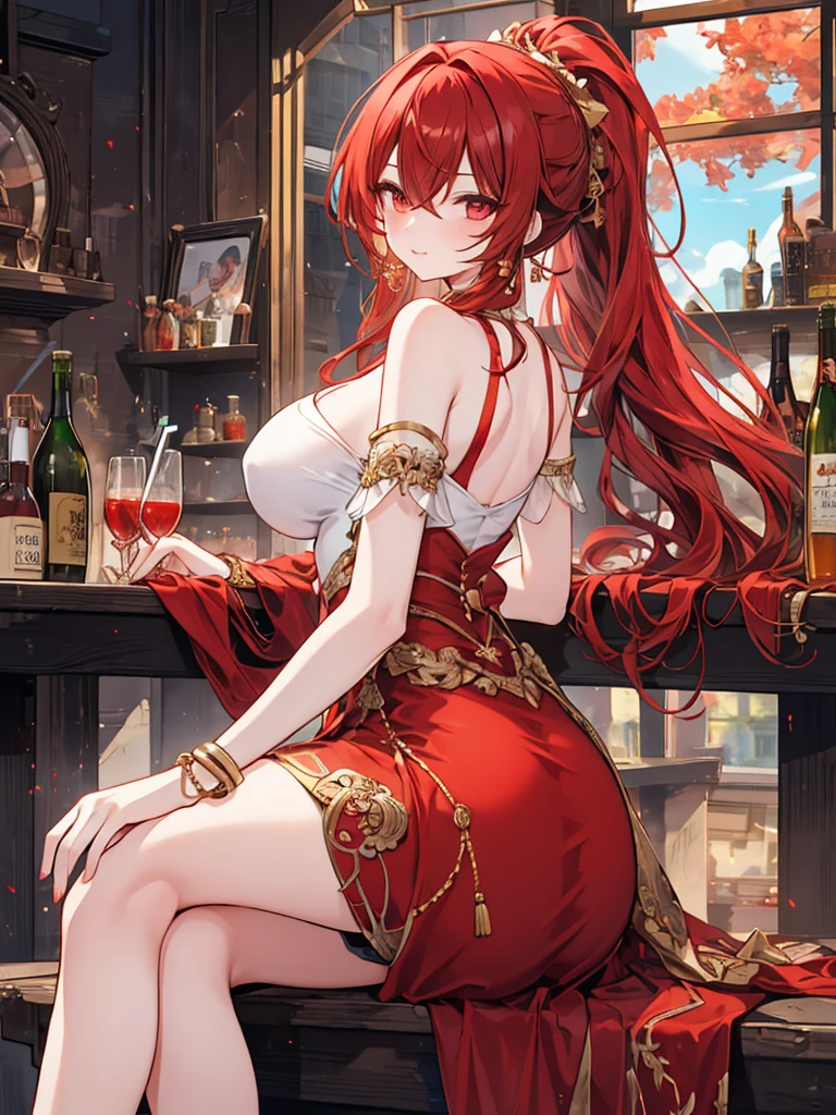 Crossing your legs, Anime style painting, An illustration, Liquor, バーに座ってカクテルを飲むwoman, look return, return, 背景の棚には多彩な色のLiquor瓶が並んでいる, Quiet bar, Calm expression, Perfect hands, elder, Redhead, Dignity at 50, ほろ酔いのwoman, alone、(Highly detailed returnground:1.0)、(Highly detailed returnground:1.0)、masterpiece、Highest quality、(Babes)、Fractal Art、Red eyes、Narrow eyes、Black and red dress, Reddish lips、From the shoulders up、smile、一人のwoman、Red Long Ponytail, Curly Hair, Red eyes,Golden accessories, alone, Big Breasts, woman, Take-out, Provocative laughter,40 year old woman,Queen of Sadism, Highly detailed returnground, Perfect Human Medicine,