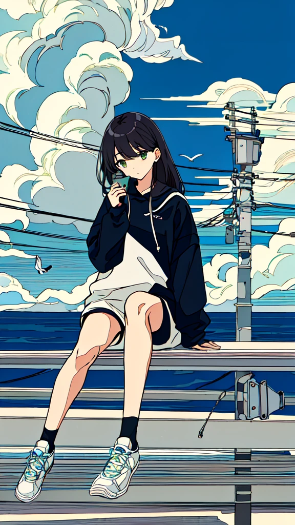 masterpiece, intricate details,highest quality, 1 girl, alone, handrail, cloud,outdoor, whale,long hair, shoes, null, long sleeve, sneakers, power line, 白いshoes, black hair, looking at the viewer, telephone pole, bangs, cloudy null, fish, bird, green eyes, shorts, animal, Day, black shirt,座っている