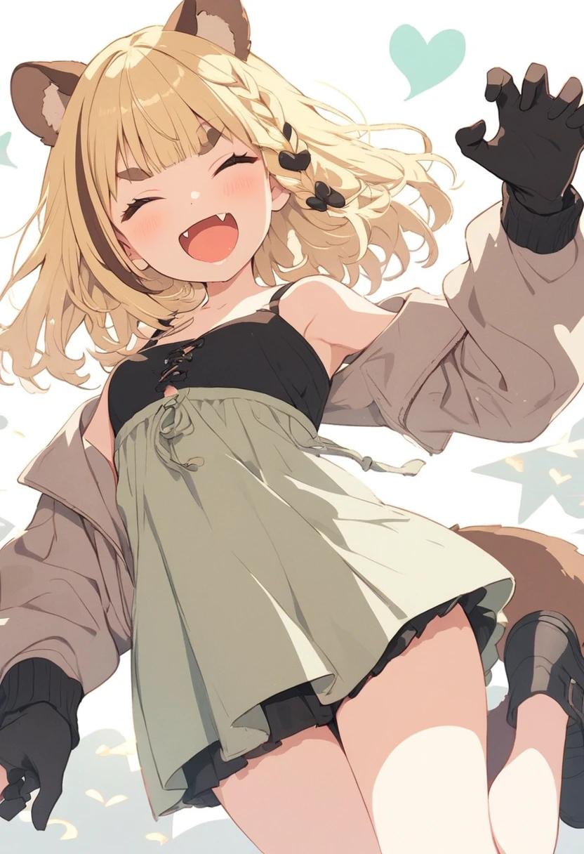 anime,(pale colors:1.8),long shot, 1girl, (on right:1.3), full body, solo, grin, smile, closed eyes, dynamic angle, jumping high, claw pose, fang, tongue, light yellow hair, racoon ears, racoon tail, (brown streaked hair:1.3), side braid, (blunt bangs), wavy hair,thick eyebrows, off shoulder clothes, cutout, heart background,