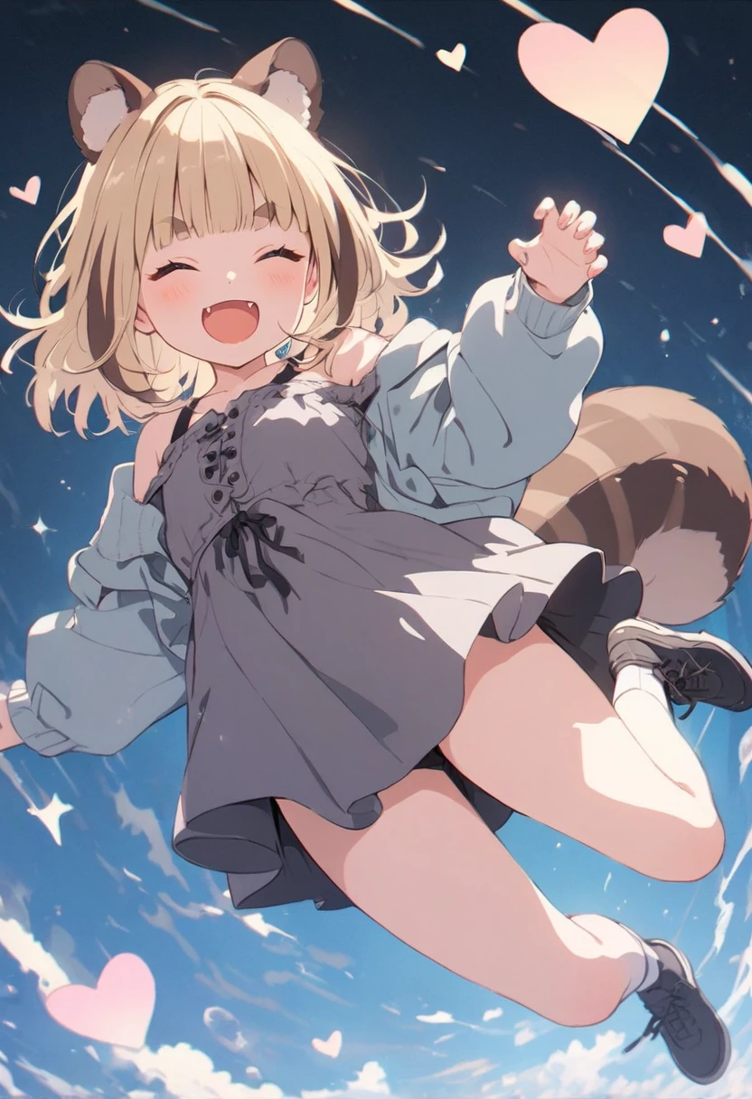 anime,(pale colors:1.8),long shot, 1girl, (on right:1.3), full body, solo, grin, smile, closed eyes, dynamic angle, jumping high, claw pose, fang, tongue, light yellow hair, racoon ears, racoon tail, (brown streaked hair:1.3), side braid, (blunt bangs), wavy hair,thick eyebrows, off shoulder clothes, cutout, heart background,