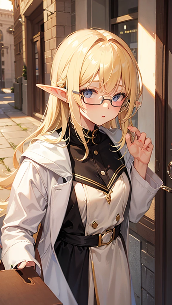 Blonde, elf, glasses, small breasts, genius, scholar, white coat