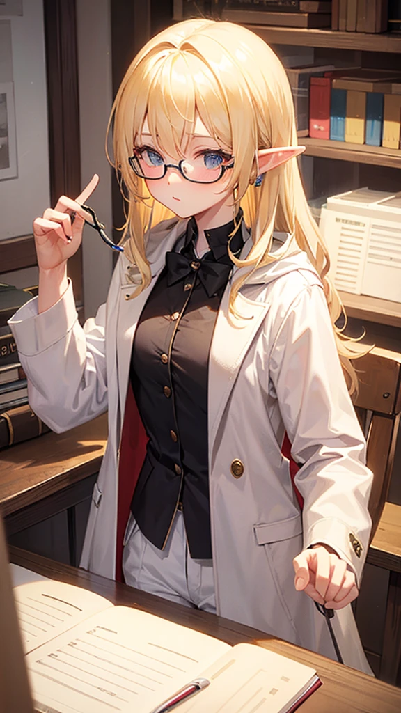 Blonde, elf, glasses, small breasts, genius, scholar, white coat