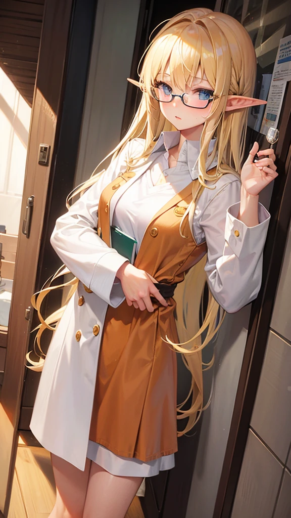 Blonde, elf, glasses, small breasts, genius, scholar, white coat