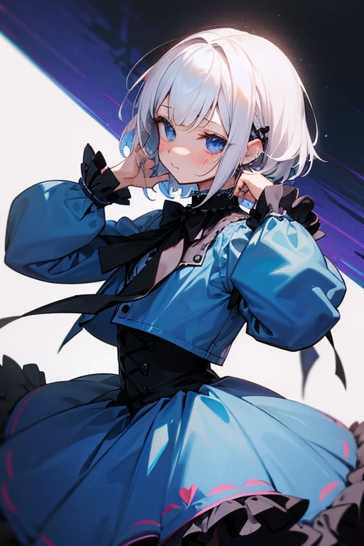 Short white hair, blush, Gothic Lolita、Punk Fashion、Headbang 2.、Blue clothes、