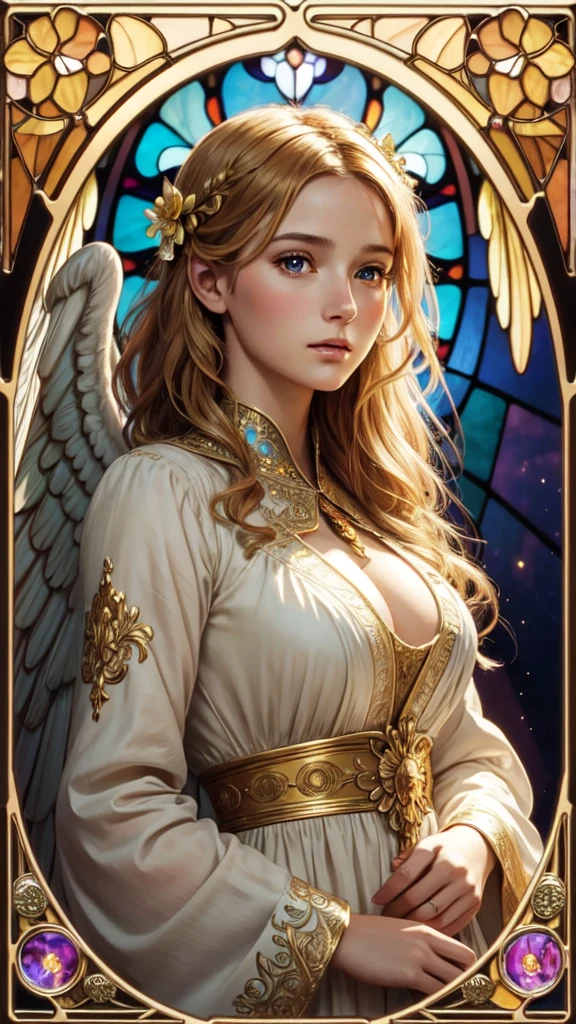realistic,photorealistic,photo-realistic:1.37,best quality,4k,8k,highres,masterpiece:1.2,ultra-detailed,vibrant colors,stained glass,beautiful vintage angel woman,frontal face,front face,front view,gold hair,determined expression,(large open angel wings:1.1),Alphonse Mucha style,intricate floral background,warm tones,soft lighting,1girl