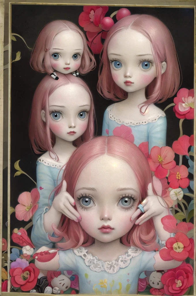 ((masterpiece)), (best quality), official art, in style of Nicoletta Ceccoli, 
, 
 . blythe doll Red Color straight hair, hazel eyes and with a ring in the nose, and a black top 