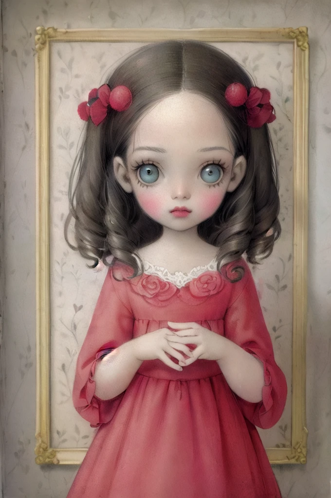 ((masterpiece)), (best quality), official art, in style of Nicoletta Ceccoli, 
, 
 . blythe doll Red Color straight hair, hazel eyes and with a ring in the nose, and a black top 