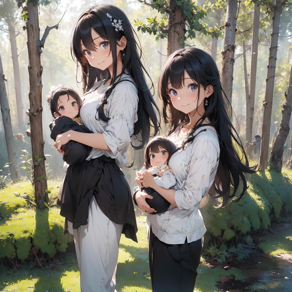 (Tabletop, Highest quality, Capture the cutest moment, Depth of written boundary, Ultra-detailed, Ultra-high resolution, C4D, Octadale, 3D Modeling, 8K, One Girl、Age 25、Black-haired、Straight Hair、Light brown eyes,Sun visor、Dot outerwear、Black trousers、(smile)、(Holding a baby)、(Being in a forest with a big tree)、