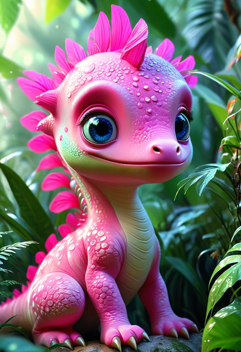 (Curious pink baby dinosaur，Strange World), Beautiful and delicate eyes, Long eyelashes,Beautiful and delicate face, Extremely detailed eyes and face, Cute expression, Dense jungle background, Dreamy, Fantastic, watercolor, number, (best quality,4K,8K,high resolution,masterpiece:1.2),Extremely detailed,(Practical,photoPractical,photo-Practical:1.37),Vibrant colors,Soft lighting
