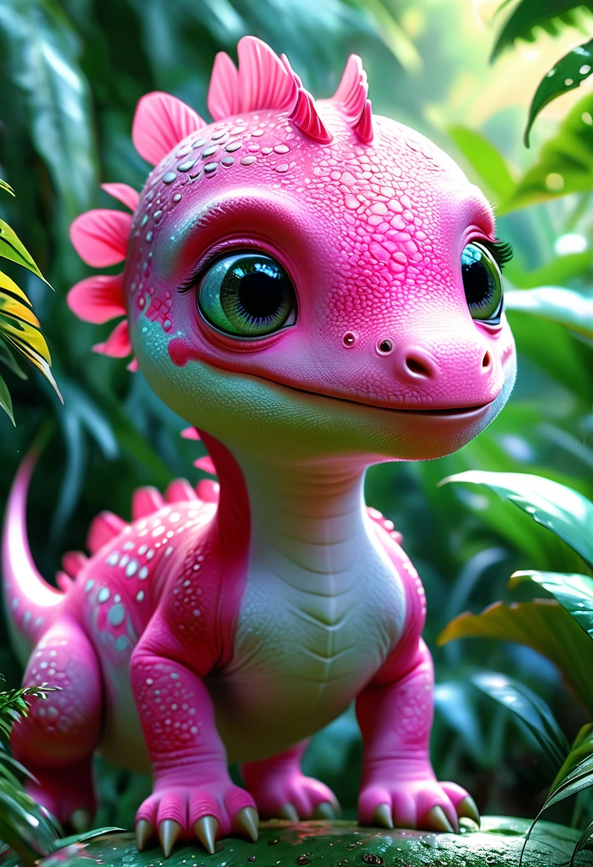 (Curious pink baby dinosaur,Strange World), Beautiful and delicate eyes, Long eyelashes,Beautiful and delicate face, Extremely detailed eyes and face, Cute expression, Dense jungle background, Dreamy, Fantastic, watercolor, number, (best quality,4K,8K,high resolution,masterpiece:1.2),Extremely detailed,(Practical,photoPractical,photo-Practical:1.37),Vibrant colors,Soft lighting